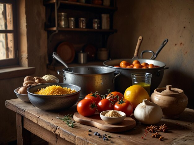 Home kitchen interior with cookware